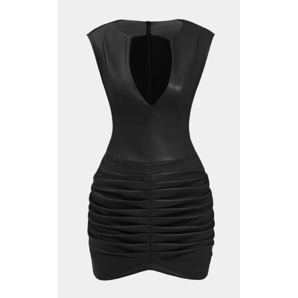 Micas Ruched Faux Leather V-Neck Bodycon Mini Dress Black L